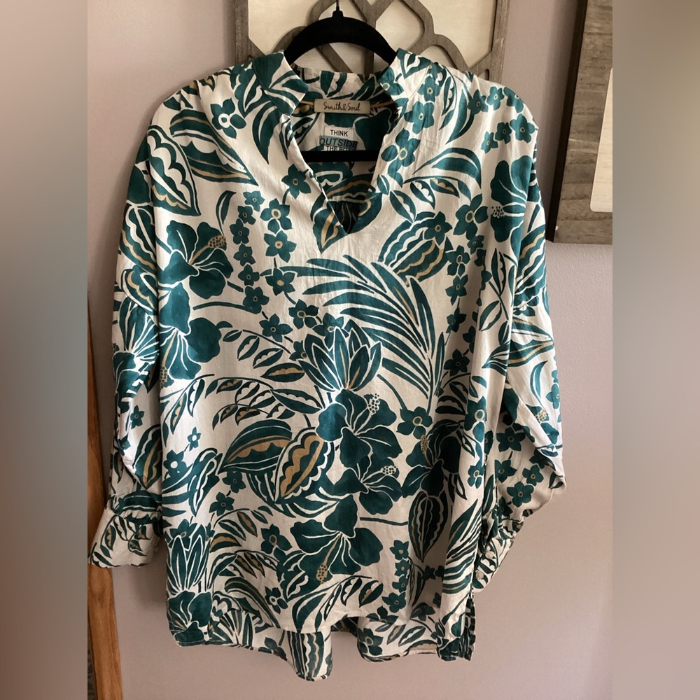 Elegant Teal and White Floral Blouse